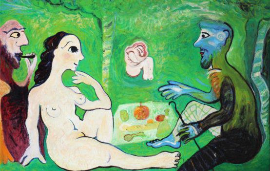Karen Thomsen - "Frokost i det grønne" (parafrase), olie på lærrede 115x180 cm