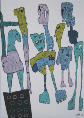 Birthe Simonsen - "Byrødderne", tush, oliepastel, akrylfarver på papir, 50x40 cm