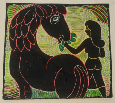 Henry Heerup - "Pigen og hesten", hndkollereret linoleumstryk (eget tryk), 61x66 cm